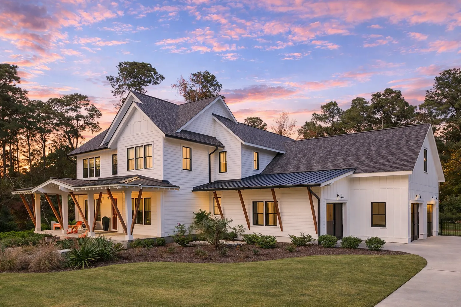 Front elevation of a Modern Farmhouse style home featuring board and batten siding, gabled rooflines, covered front porch, and New American architectural detailing