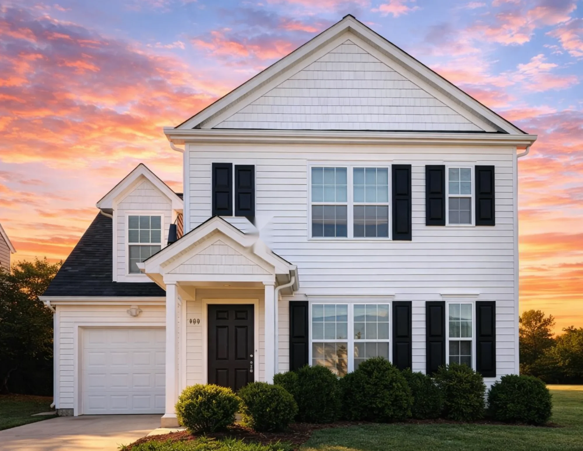 Front elevation of a Traditional Colonial style house with symmetrical windows, tan shutters, front porch entry, and attached single-car garage