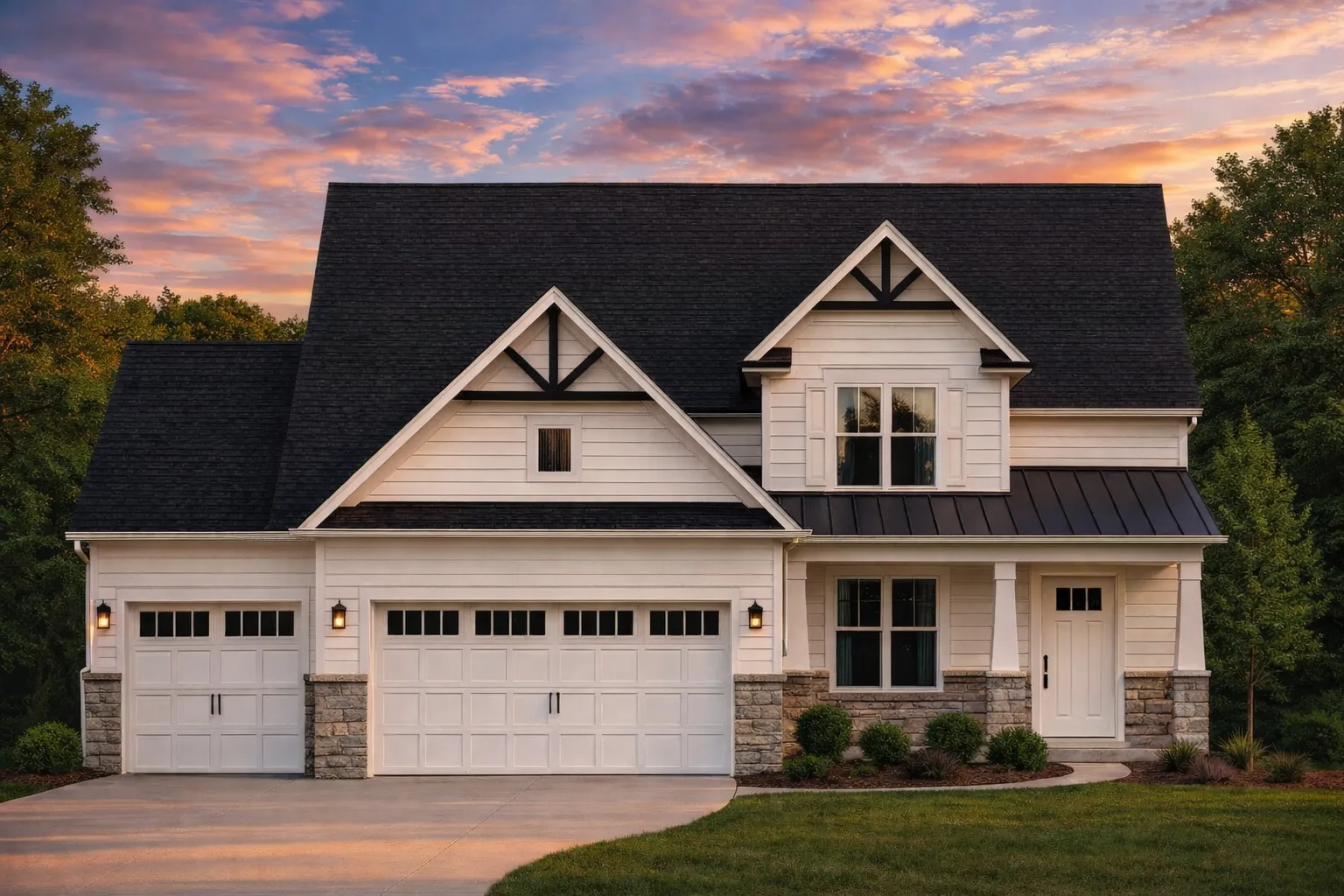 Front elevation of a New American style home with board and batten siding, stone accents, black metal roof details, and a bold red front door