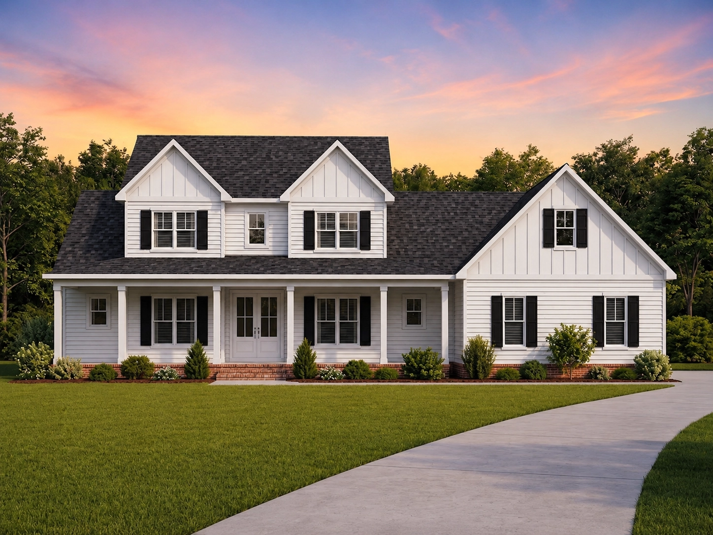 Front elevation of a Modern Farmhouse style home with board and batten siding, gabled rooflines, covered front porch, and symmetrical New American design details