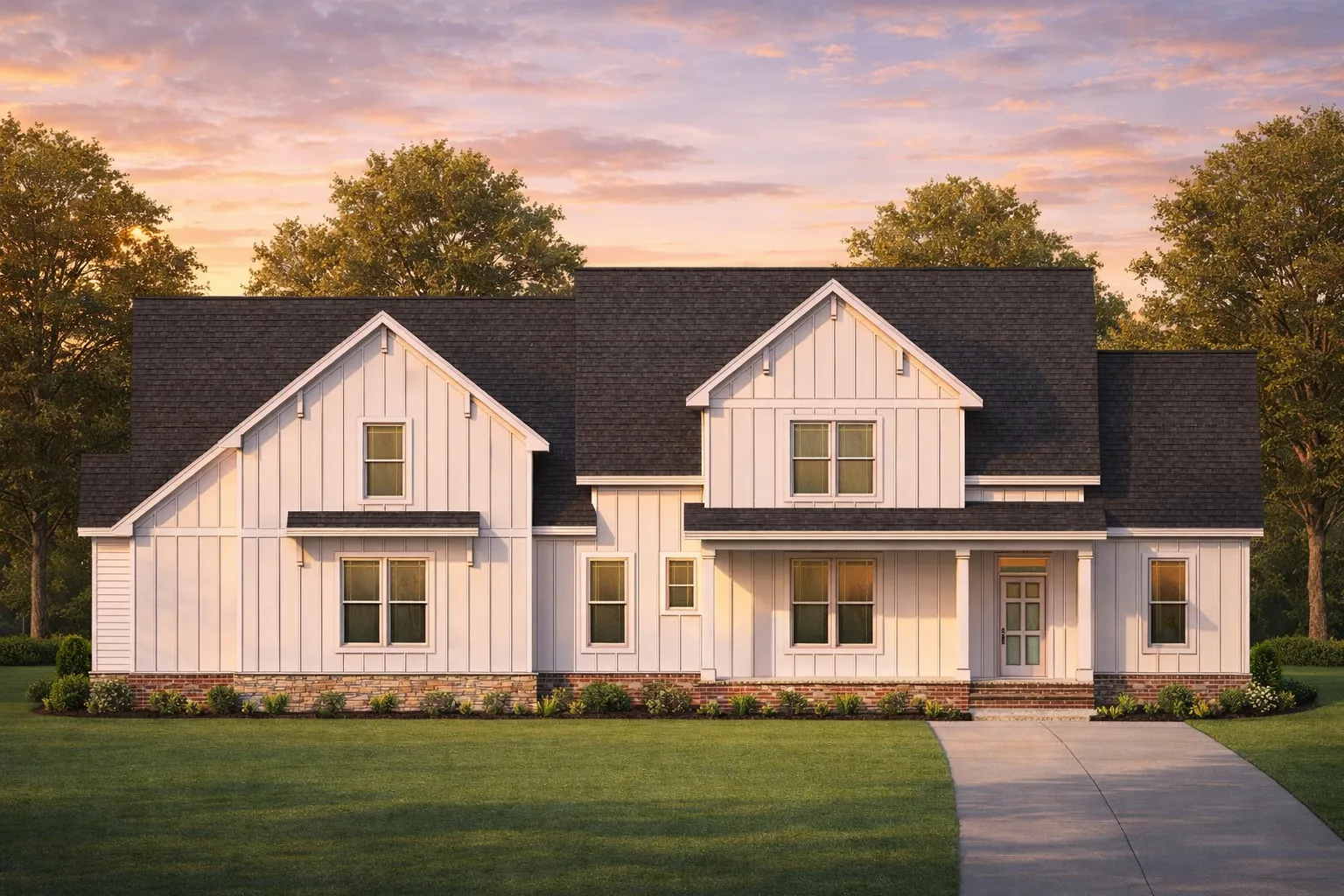 Adobe House Plans 19 Front elevation of a Modern Farmhouse style home featuring board and batten siding, stone accents, dark windows, and a covered porch