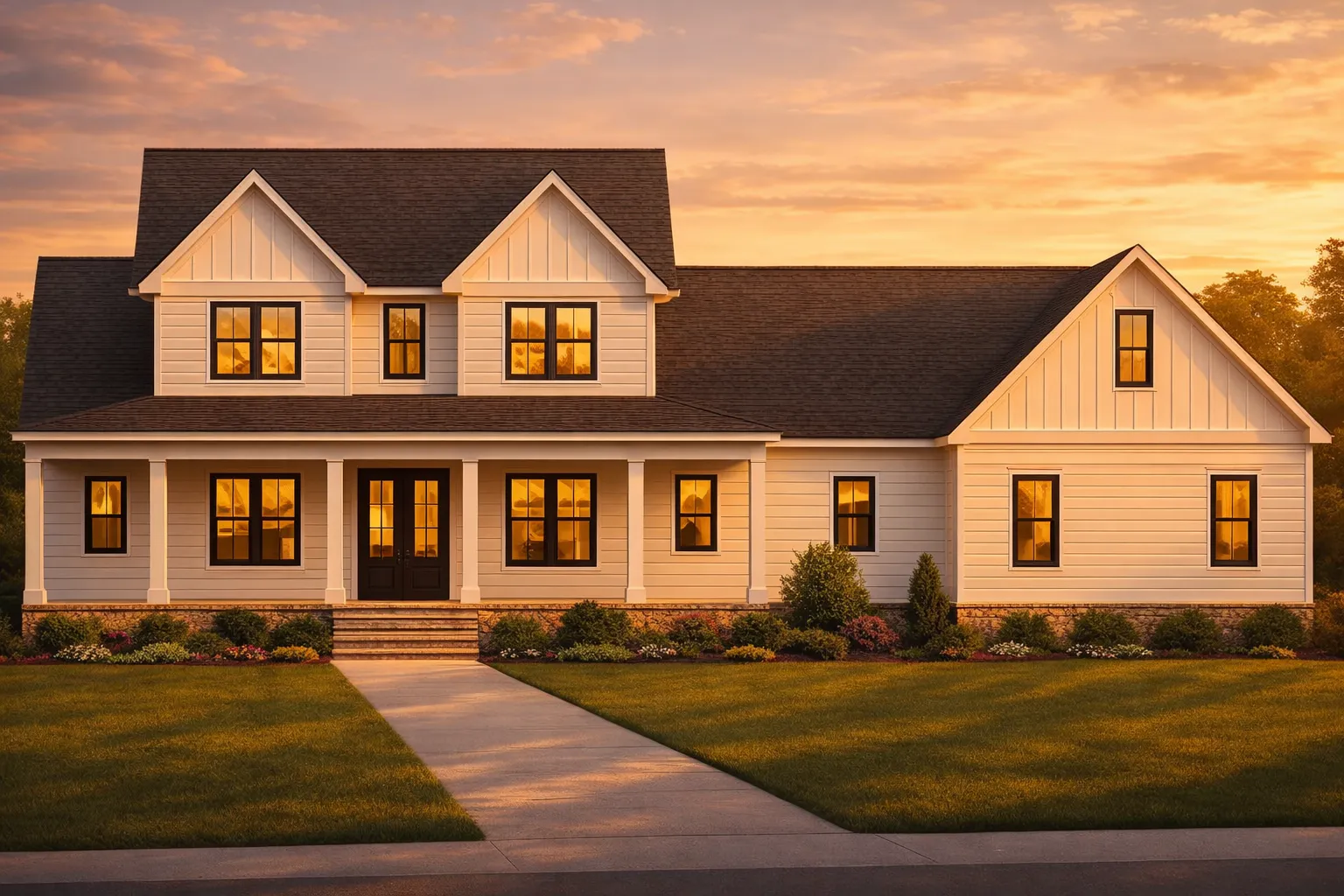 Front elevation of a Modern Farmhouse style home with board and batten siding, gabled rooflines, covered front porch, and symmetrical New American design details