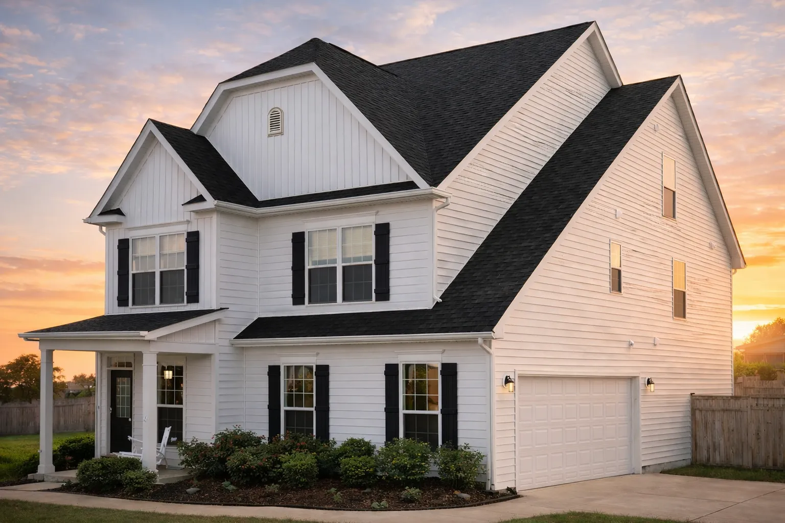 Front elevation of New American style home with horizontal lap siding, board and batten gables, covered porch, and attached garage