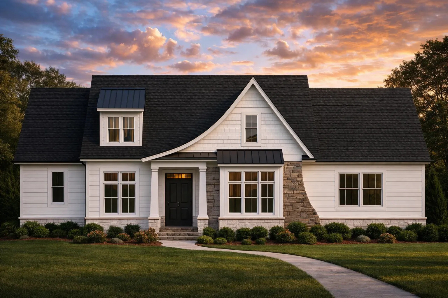 Adobe House Plans 7 Front elevation of Modern Farmhouse ranch style home with white board and batten siding, stone accents, gabled roof, and covered entry porch