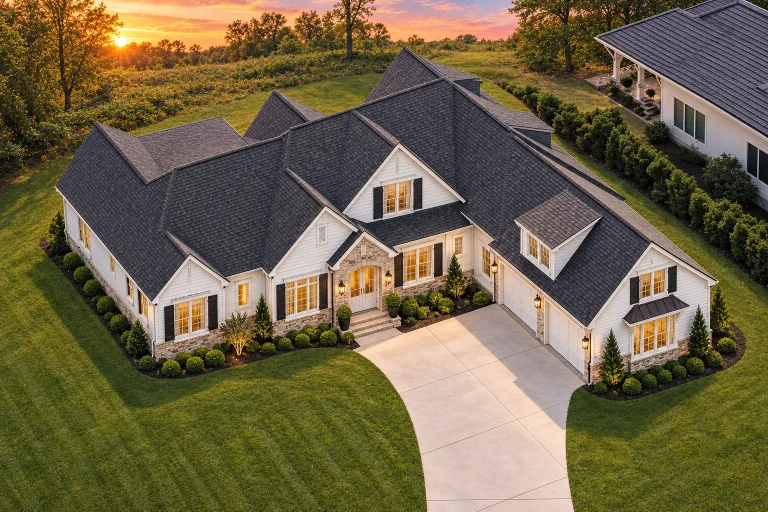 Front elevation of a Modern Farmhouse style home featuring board and batten siding, stone accents, dark shutters, and a welcoming covered entry