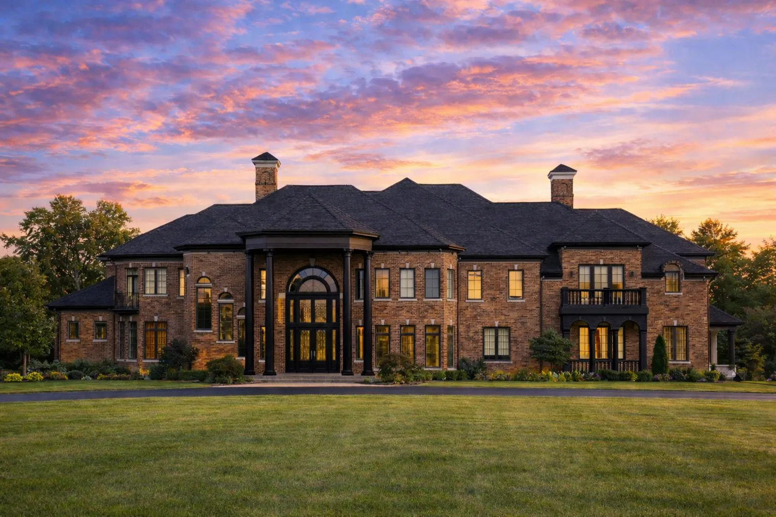 Front elevation of a Neoclassical Georgian Colonial style home with symmetrical façade, grand columns, stucco exterior, and refined traditional detailing