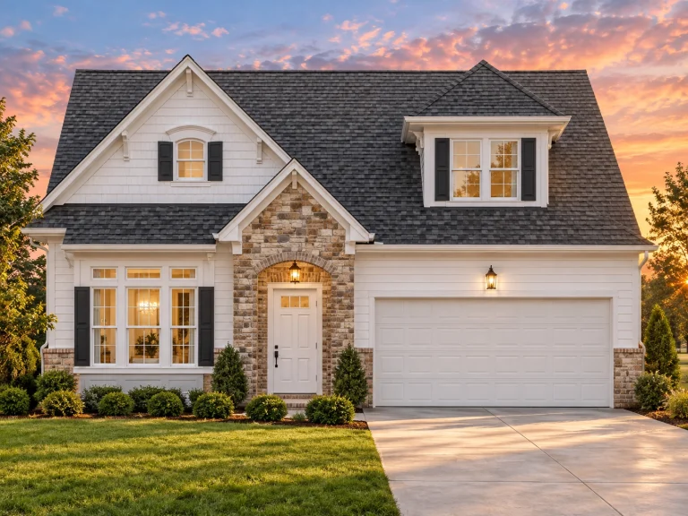 Front elevation of a New American style house with Craftsman and Cottage details, horizontal siding, stone accents, covered porch, and attached garage