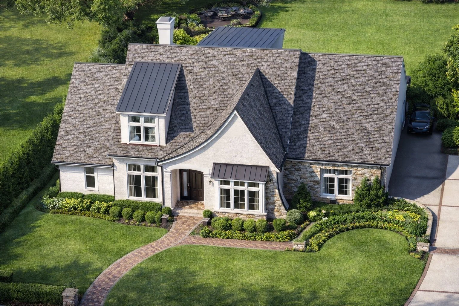 Front elevation of Modern Farmhouse ranch style home with white board and batten siding, stone accents, gabled roof, and covered entry porch