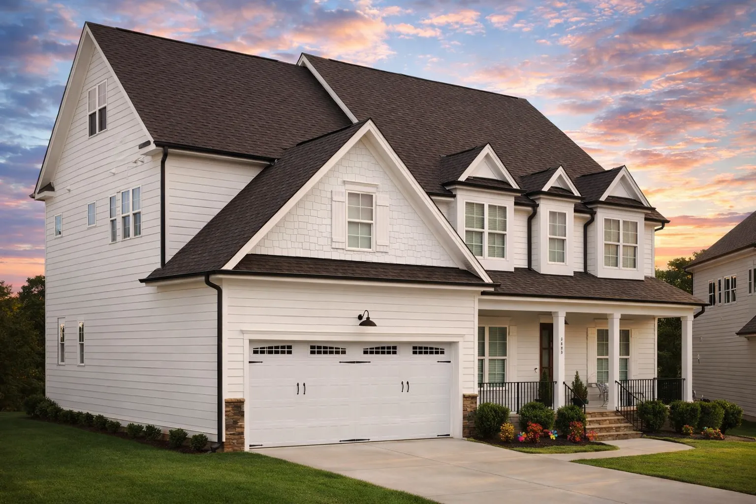 Front elevation of a Traditional Colonial style home with horizontal siding, stone accents, gabled roof, shutters, and covered front porch