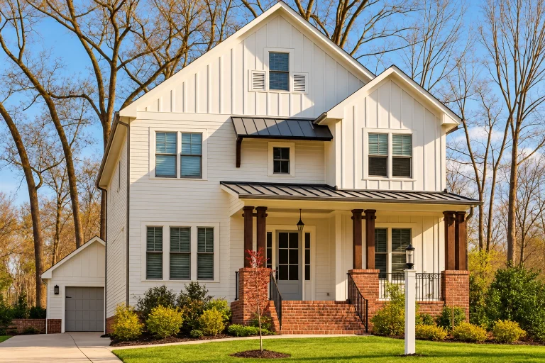 Front elevation of a Modern Farmhouse style home featuring board and batten siding, brick porch columns, gabled rooflines, and a covered front porch