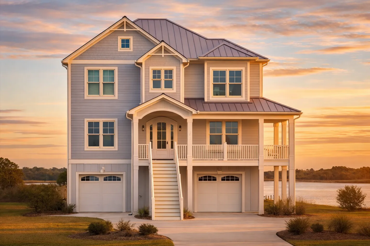 Front elevation of an elevated Coastal Beach House with horizontal siding, covered porches, exterior stairs, and metal roof
