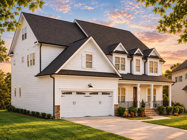 Front elevation of a Traditional Colonial style home with horizontal siding, stone accents, gabled roof, shutters, and covered front porch