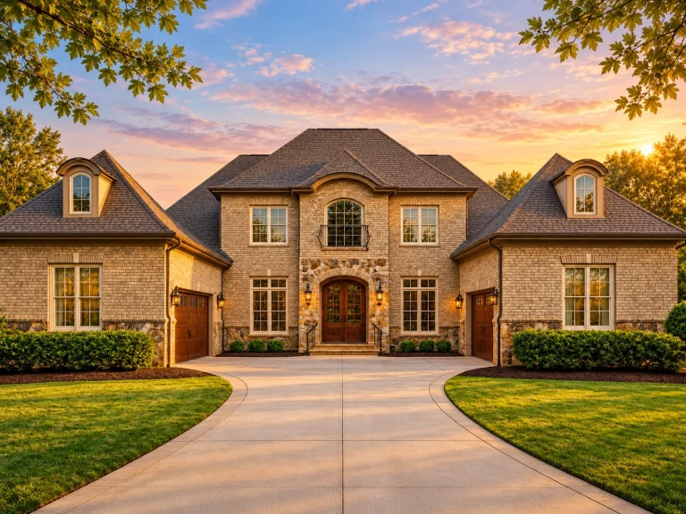Front elevation of a Georgian style brick home featuring symmetrical windows, arched entry, and refined Neo-Colonial detailing
