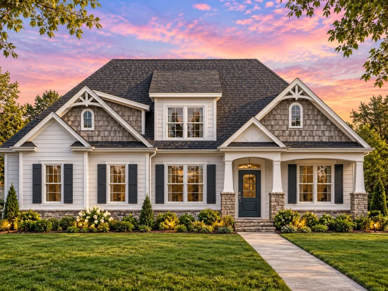 Front elevation of a Modern Farmhouse style home featuring board and batten siding, stone columns, and shingle gables under a steep roofline.