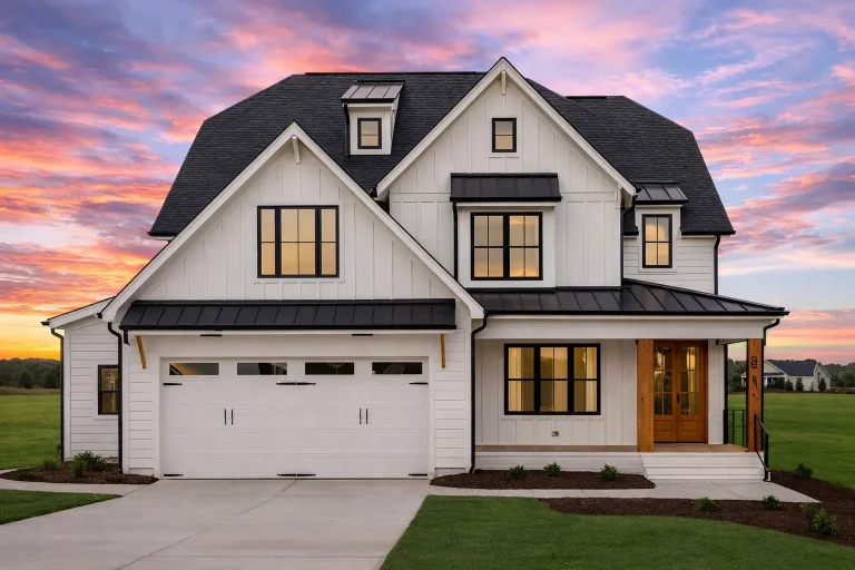 Front elevation of a Modern Farmhouse style home featuring white board and batten siding, black windows, standing seam metal roof accents, and an attached two-car garage