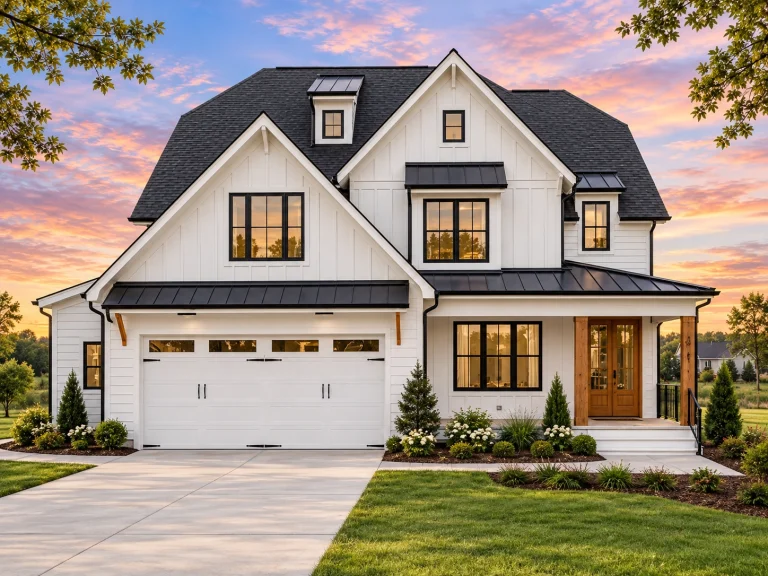 Front elevation of a Modern Farmhouse style home featuring white board and batten siding, black windows, standing seam metal roof accents, and an attached two-car garage