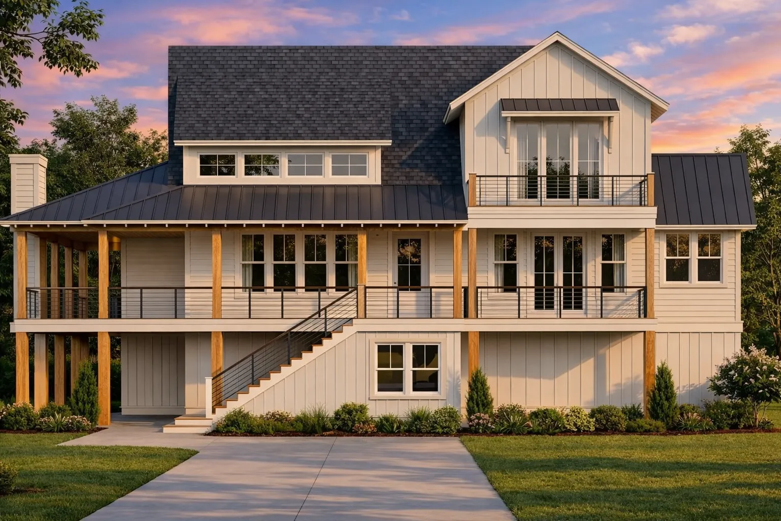 Front elevation of Coastal Farmhouse style home with board and batten siding, raised foundation, metal roof accents, and expansive covered porches