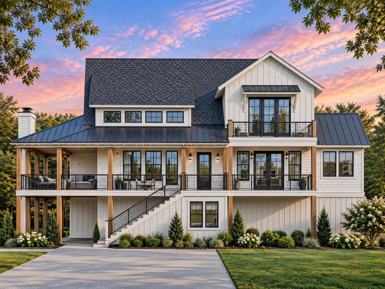 Modern Suburban House Plans 10 Front elevation of Coastal Farmhouse style home with board and batten siding, raised foundation, metal roof accents, and expansive covered porches