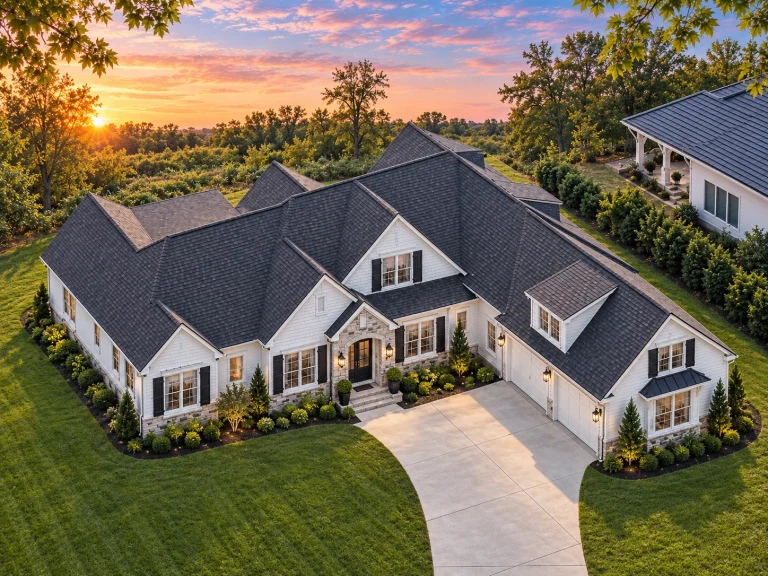 Front elevation of a Modern Farmhouse style home featuring board and batten siding, stone accents, dark shutters, and a welcoming covered entry