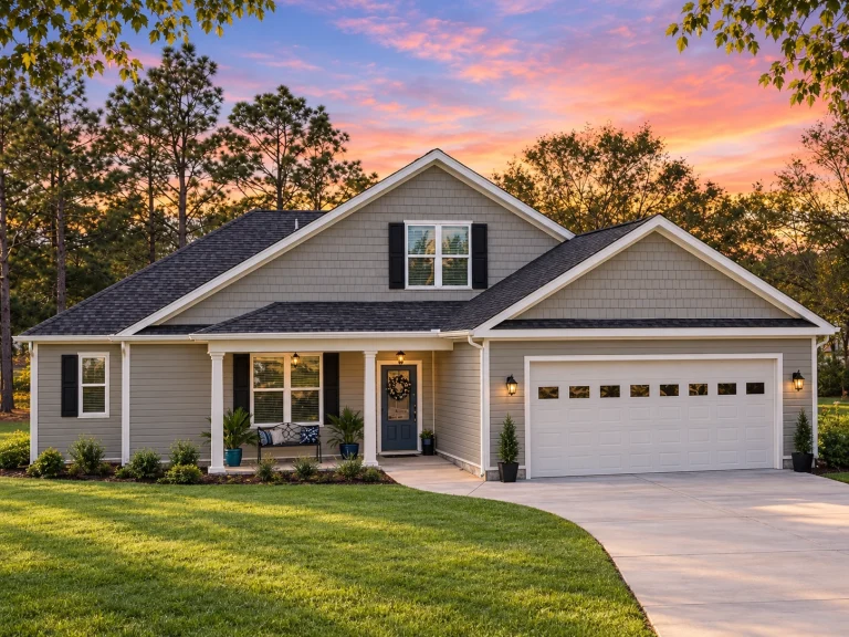 House Plans with Fireplace 8 Front view of a Traditional Ranch style home featuring Craftsman accents, horizontal lap siding, board and batten gables, and an attached two-car garage