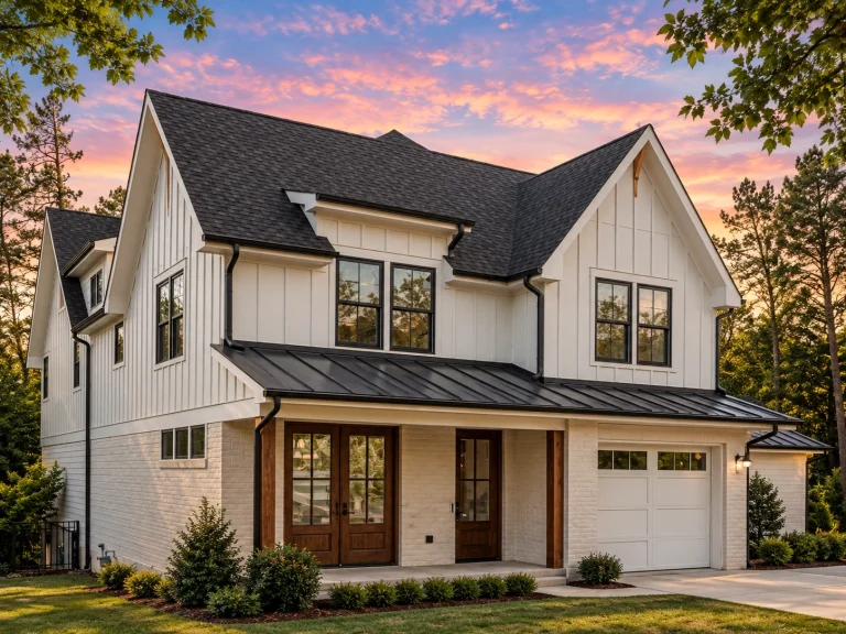 House Plans with Fireplace 23 Front exterior view of a Modern Farmhouse New American style home featuring board and batten siding, gabled rooflines, and a covered entry porch