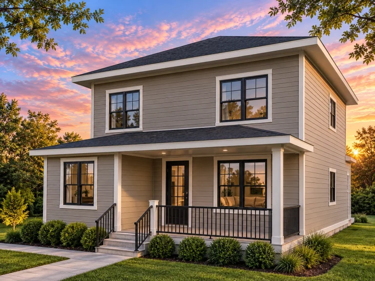 Front view of a two-story Traditional Transitional style home with horizontal siding, dark window trim, and a covered front porch entry