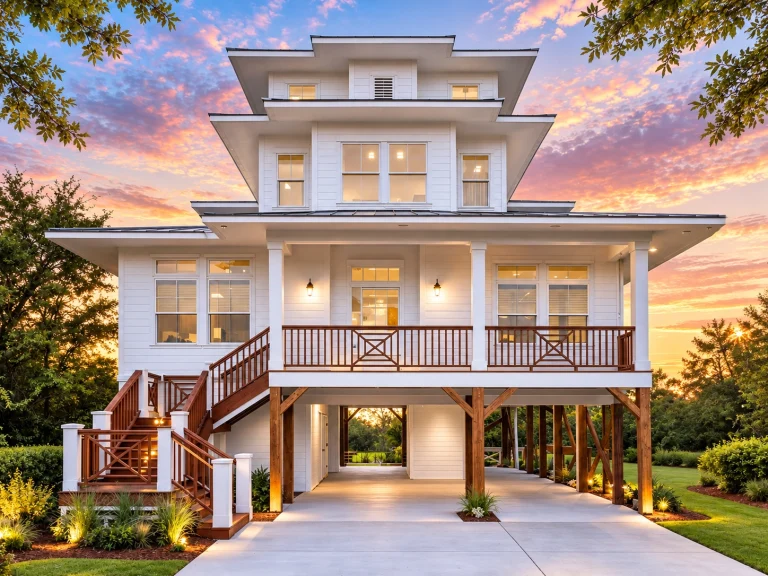 Conventional House Plans 23 Front elevation of three-story Coastal Low Country style home with lap siding, elevated double garage, stacked porches, and symmetrical windows