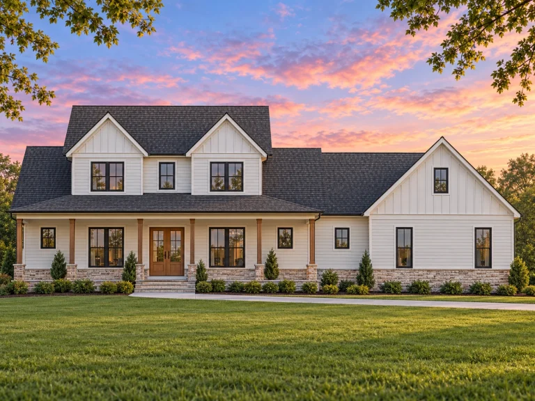 Front elevation of a Modern Farmhouse style home with board and batten siding, gabled rooflines, covered front porch, and symmetrical New American design details