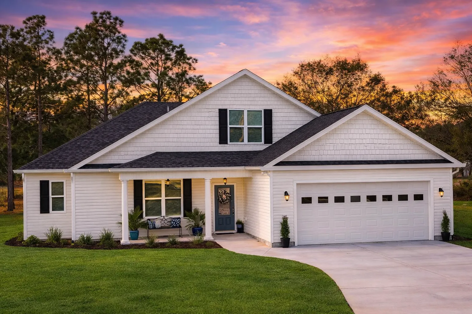 Front view of a Traditional Ranch style home featuring Craftsman accents, horizontal lap siding, board and batten gables, and an attached two-car garage