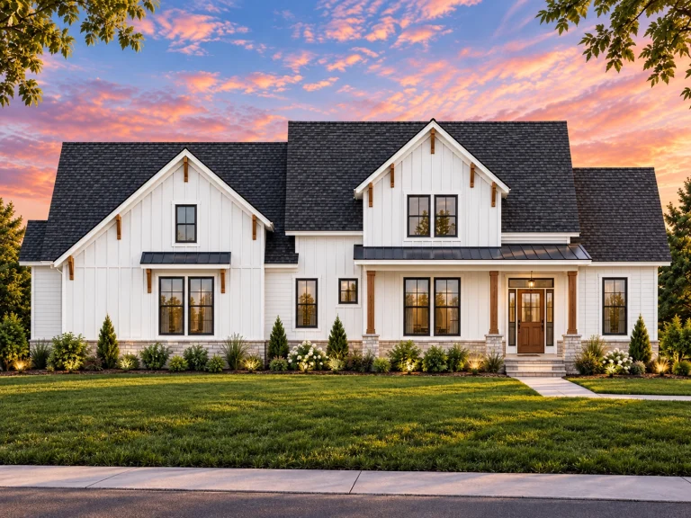 Front elevation of a Modern Farmhouse style home featuring board and batten siding, stone accents, dark windows, and a covered porch