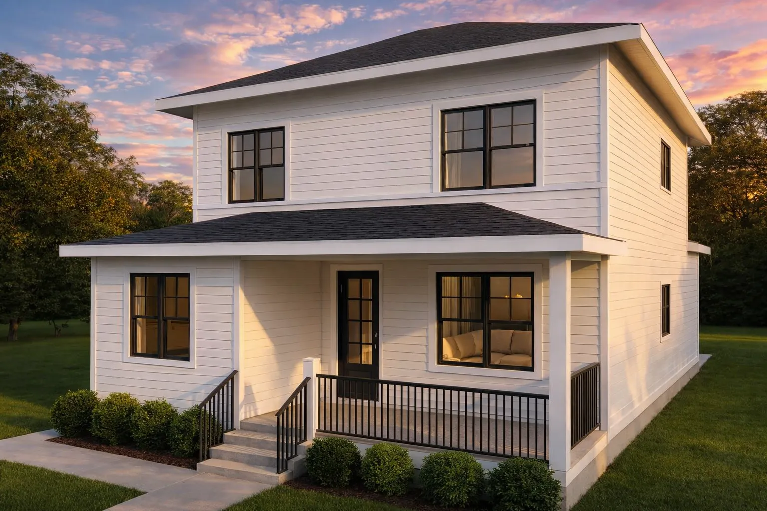 Front view of a two-story Traditional Transitional style home with horizontal siding, dark window trim, and a covered front porch entry