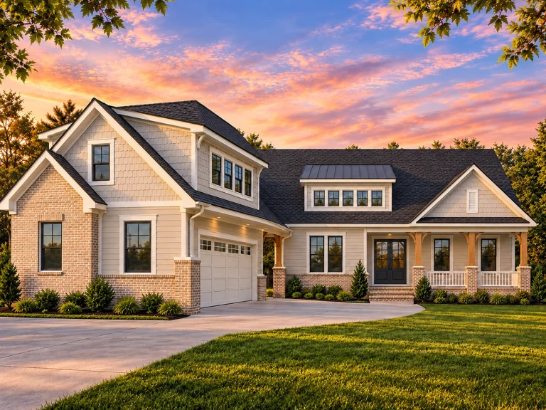 House Plans with Bonus Room 11 Front elevation of a modern farmhouse style house featuring horizontal siding, stone accents, gabled rooflines, and a welcoming covered front porch