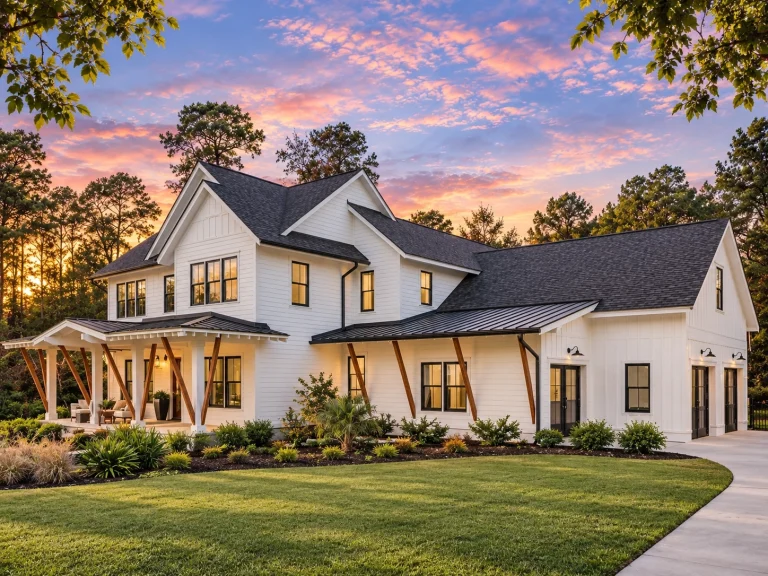Front elevation of a Modern Farmhouse style home featuring board and batten siding, gabled rooflines, covered front porch, and New American architectural detailing