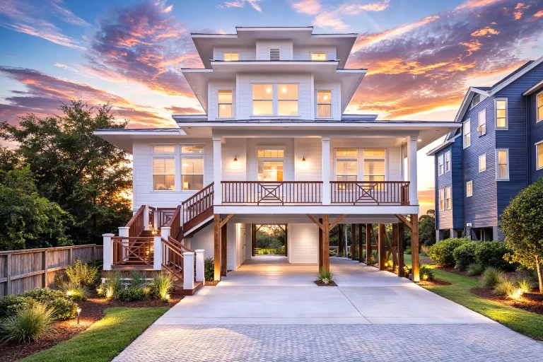 Front elevation of three-story Coastal Low Country style home with lap siding, elevated double garage, stacked porches, and symmetrical windows