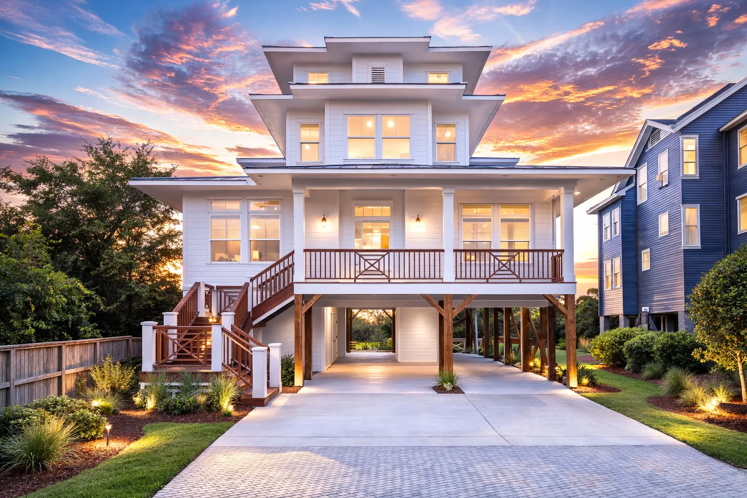 Front elevation of three-story Coastal Low Country style home with lap siding, elevated double garage, stacked porches, and symmetrical windows
