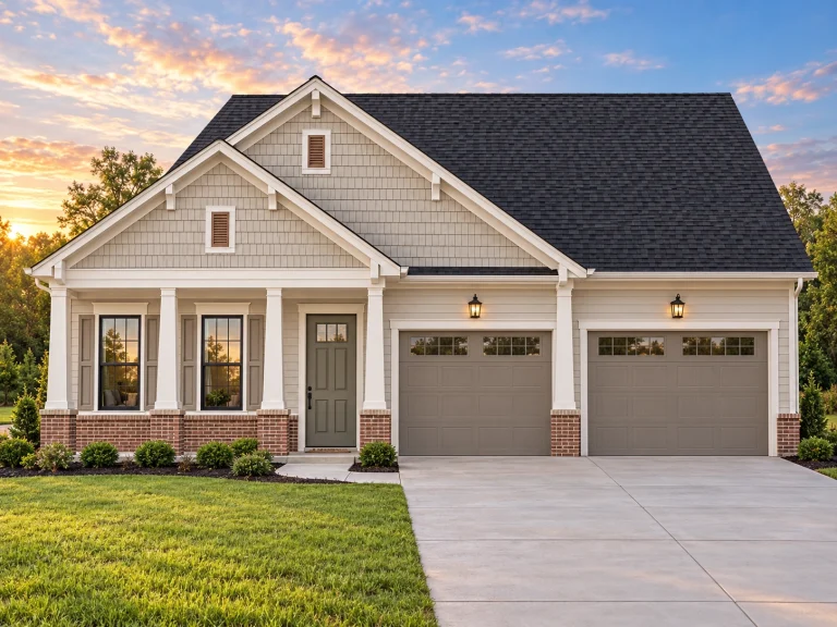 Front elevation of a New American style house with Craftsman and Cottage details, horizontal siding, stone accents, covered porch, and attached garage