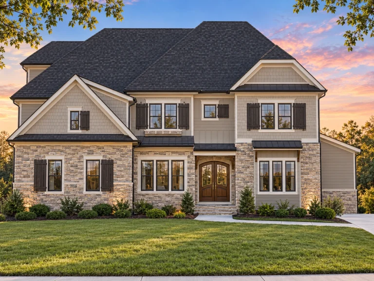 House Plans with Second Floor Laundry Room 21 Front elevation of a New American Colonial style home with stone veneer, horizontal siding, black shutters, and symmetrical two-story design
