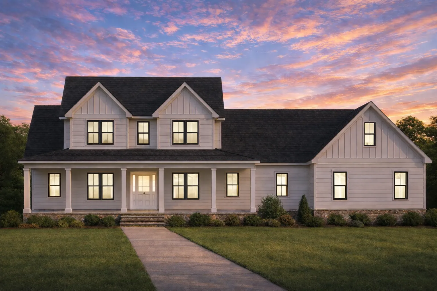 Structure Type 23 Front elevation of a Modern Farmhouse style home with board and batten siding, gabled rooflines, covered front porch, and symmetrical New American design details