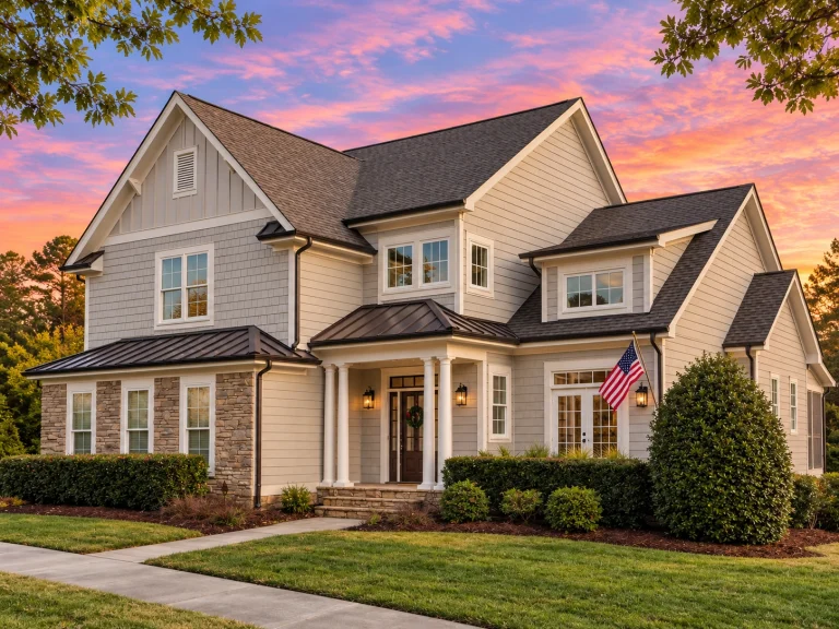 Front elevation of a Modern Farmhouse style home featuring board-and-batten siding, stone accents, steep gabled roof, and symmetrical New American design