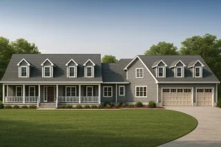 Front exterior view of a Modern Farmhouse home with navy-blue siding, red doors, dormers, and covered porch showcasing Colonial design influence