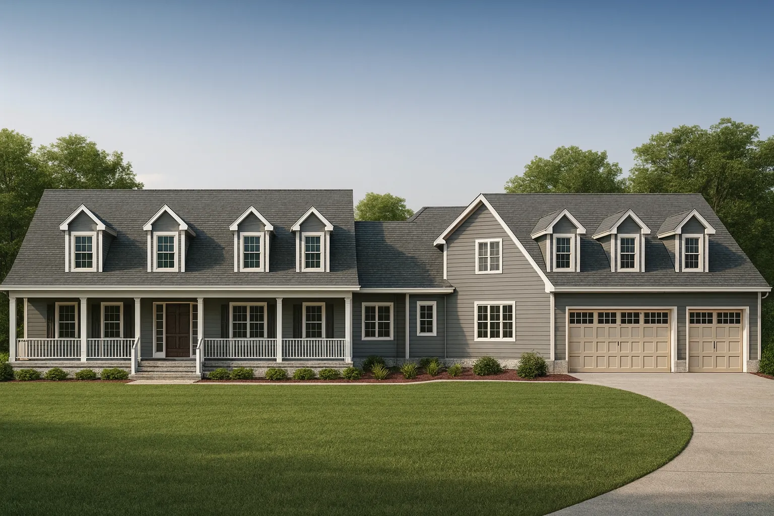 Front exterior view of a Modern Farmhouse home with navy-blue siding, red doors, dormers, and covered porch showcasing Colonial design influence
