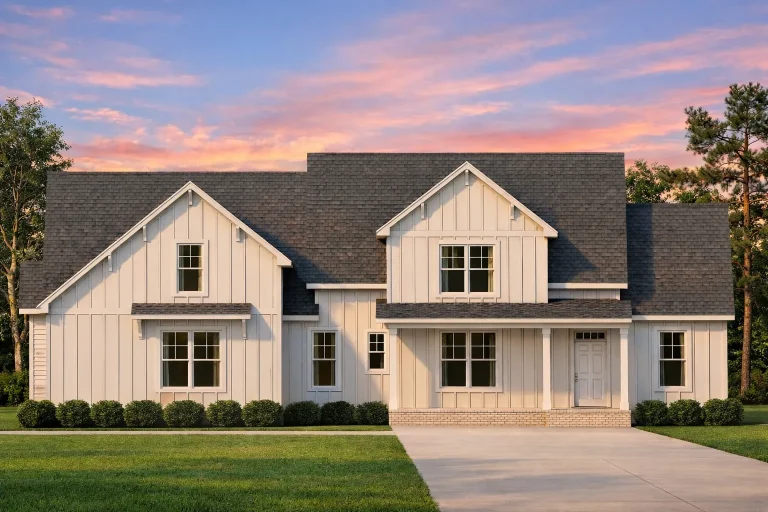 Front elevation of a Modern Farmhouse style home featuring board and batten siding, stone accents, dark windows, and a covered porch