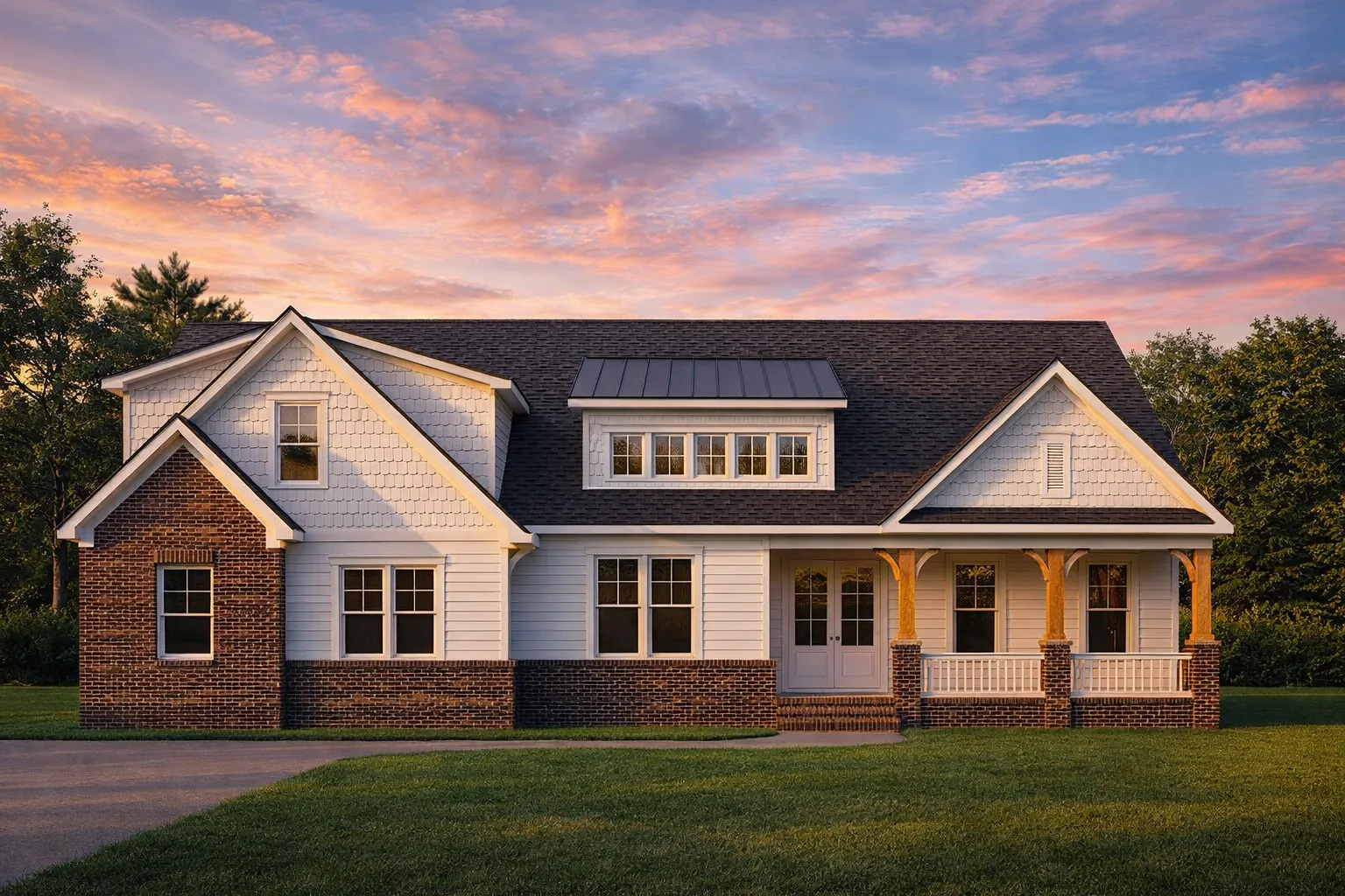 Front elevation of a modern farmhouse style house featuring horizontal siding, stone accents, gabled rooflines, and a welcoming covered front porch