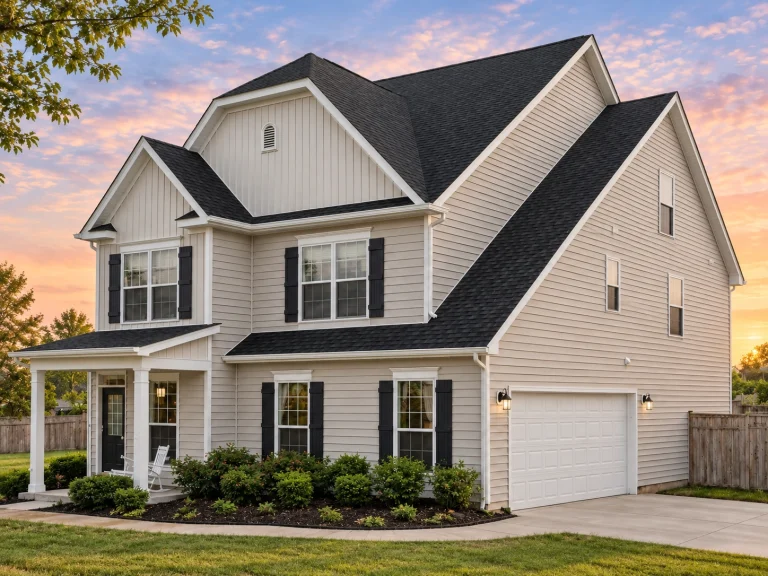 Front elevation of New American style home with horizontal lap siding, board and batten gables, covered porch, and attached garage