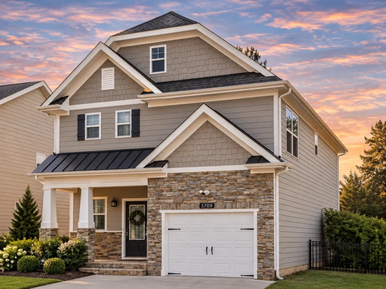 3 Bedroom House Plans 2 Front elevation of a Traditional New American style home with beige siding, stone accents, and black shutters under a gabled roof