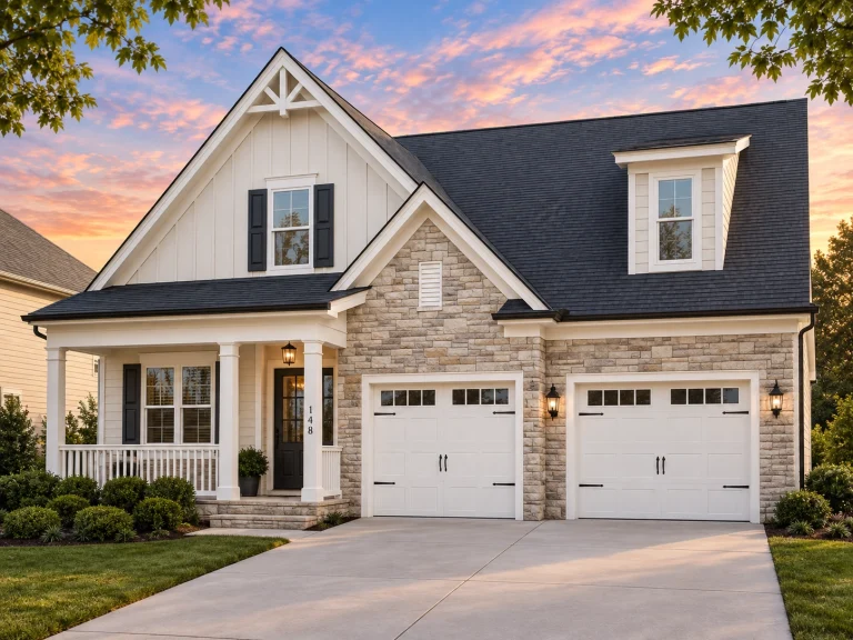 House Plans with Outdoor Kitchen 21 Front view of a Craftsman and Traditional Farmhouse style home featuring board-and-batten siding, stone accents, double garage doors, and inviting covered front porch entry