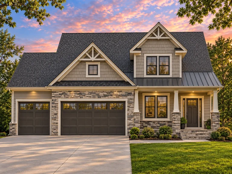 Front elevation of a New American style home with board and batten siding, stone accents, black metal roof details, and a bold red front door