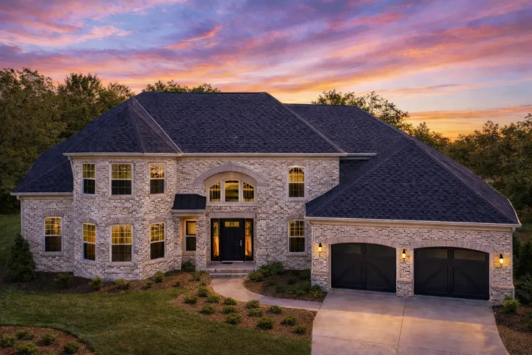 Front elevation of a French Country style house featuring brick exterior, steep hipped rooflines, arched windows, and an attached two-car garage
