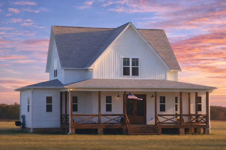 Front elevation of a Modern Farmhouse style home featuring white board and batten siding, black metal roof, stone porch piers, and symmetrical Southern-inspired design