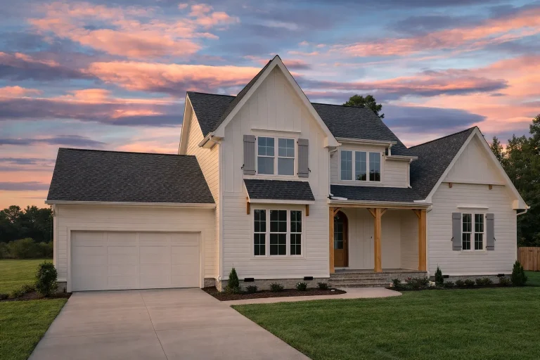 Front elevation of a modern farmhouse-style home with white board-and-batten siding, black shutters, gable dormer, and a covered porch entry